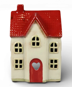 keramikhus med hjerter og vinduer til fyrfadslys 15 centimeter højt
