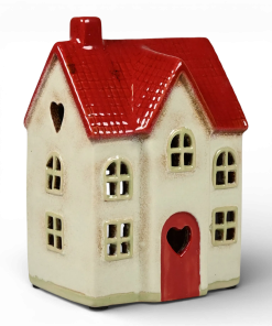 keramikhus til fyrfadslys i beige og rød der måler 15 x 10 x 8 centimeter set fra siden