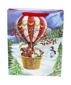 gavepose med hank i kraftigt karton og måler 31 x 26 x 10 centimeter med glimmer luftballon og julemand