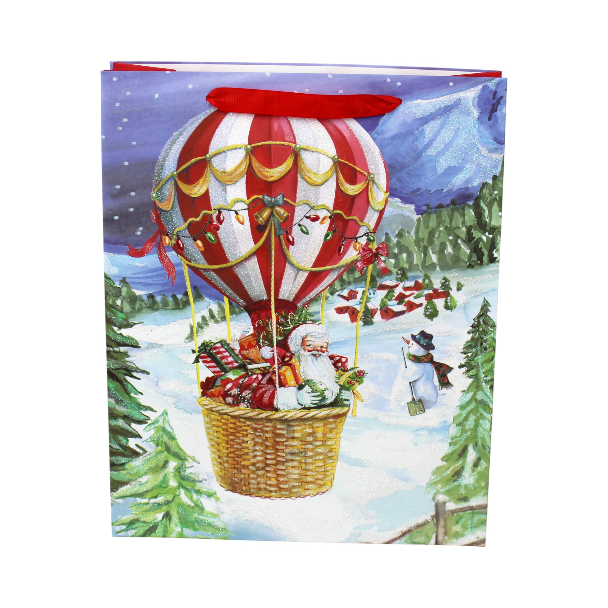 gavepose med hank i kraftigt karton og måler 31 x 26 x 10 centimeter med glimmer luftballon og julemand