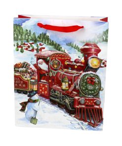 gavepose med hank i kraftigt karton og måler 31 x 26 x 10 centimeter med glimmer juletog og julemand