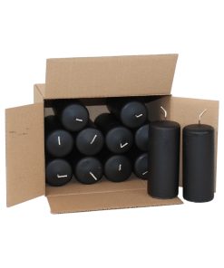 12 styk sorte bloklys med diameter 5 centimeter og en højde på 12 centimeter