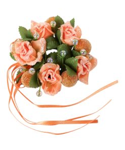8 centimeter orange/laksefarvet lyskrans med roser, satinbånd og glimmer