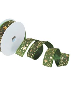 dekorationsbånd med tråd i mørkegrøn med guldstjerner på 25 millimeter x 25 meter