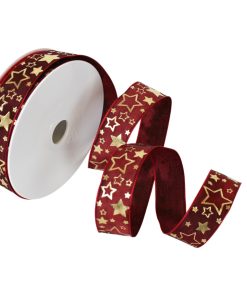 dekorationsbånd med tråd i mørkerød med guldstjerner på 25 millimeter x 25 meter