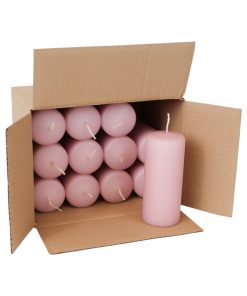 kasse med 12 styk støvet lilla bloklys der måler 5 x 12 centimeter