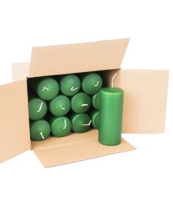 kasse med 12 styk flaskegrønne bloklys der måler 5 x 12 centimeter