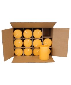 12 styk gule gennemfarvede rustikt bloklys med flad top på 6,8 x 10 centimeter