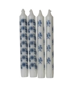 hvide kronelys i 100% ren stearin med blå blomstermønster på 19 centimeter