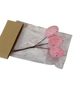 4 styk pastel pink farvede påskeæg med sorte prikker der måler 3,5 x 2,5 centimeter på stilk på 9 centimeter