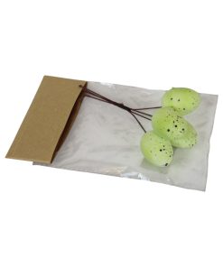 4 styk pastelgrønne påskeæg med sorte prikker der måler 3,5 x 2,5 centimeter på stilk på 9 centimeter