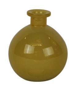 10 centimeter høj rund transparant glasvase i gul og diameter på 9 centimeter