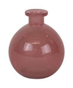 10 centimeter høj rund transparant glasvase i pink og diameter på 9 centimeter