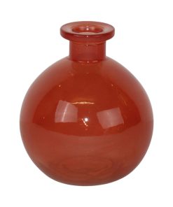 10 centimeter høj rund transparant glasvase i rød og diameter på 9 centimete