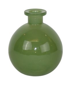 10 centimeter høj rund transparant glasvase i grøn og diameter på 9 centimeter