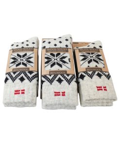 grå uldsokker med sort mønster med stor julestjerne og dansk flag i tre størrelser