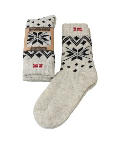 grå uldsokker med sort mønster med stor julestjerne og dansk flag i størrelse 35-38