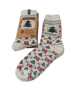 grå juleuldsokker med juletræ og stjerner og dansk flag i størrelse 43-46