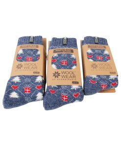 blåmeleret uldsokker med hvidt og rødt mønster og dansk flag i tre størrelser