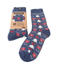 blåmeleret uldsokker med hvidt og rødt mønster og dansk flag i størrelse 43-46