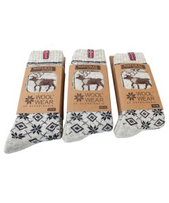 gråmeleret uldsokker med rensdyr og norsk flag i tre størrelser