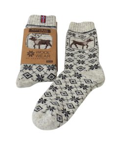 gråmeleret uldsokker med rensdyr og norsk flag i størrelse 43-46