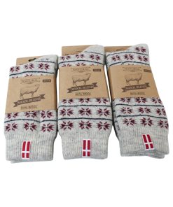 gråmeleret uldsokker med mønster og dansk flag i størrelse i tre størrelser