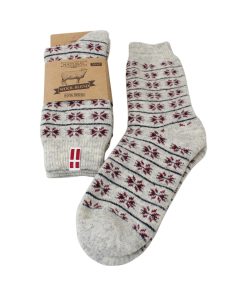 gråmeleret uldsokker med mønster og dansk flag i størrelse 39-42