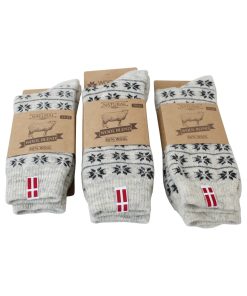 gråmeleret uldsokker med stjerner og dansk flag i størrelse i tre størrelser