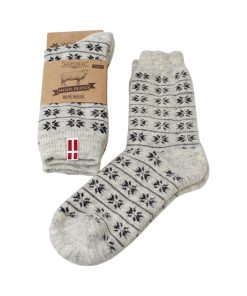 gråmeleret uldsokker med stjerner og dansk flag i størrelse 43-46