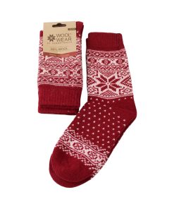 uldsokker i norsk strikmønster i bordeaux og hvid i størrelse 38-42
