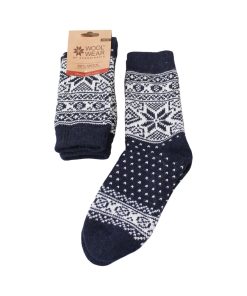 uldsokker i norsk strikmønster i navyblå og hvid i størrelse 38-42