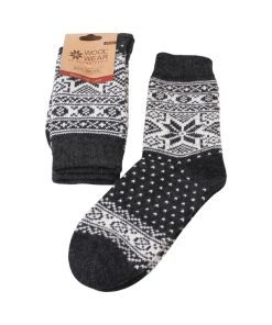 uldsokker i norsk strikmønster i koks og hvid i størrelse 43-46