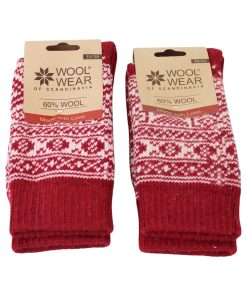 uldsokker i norsk strikmønster i bordeaux og hvid i to størrelser