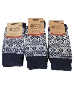 uldsokker i norsk strikmønster i navyblå og hvid i tre størrelser