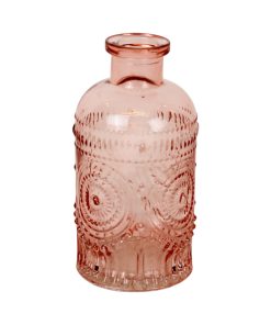 Rosa glasvase i flaskeform med mønster