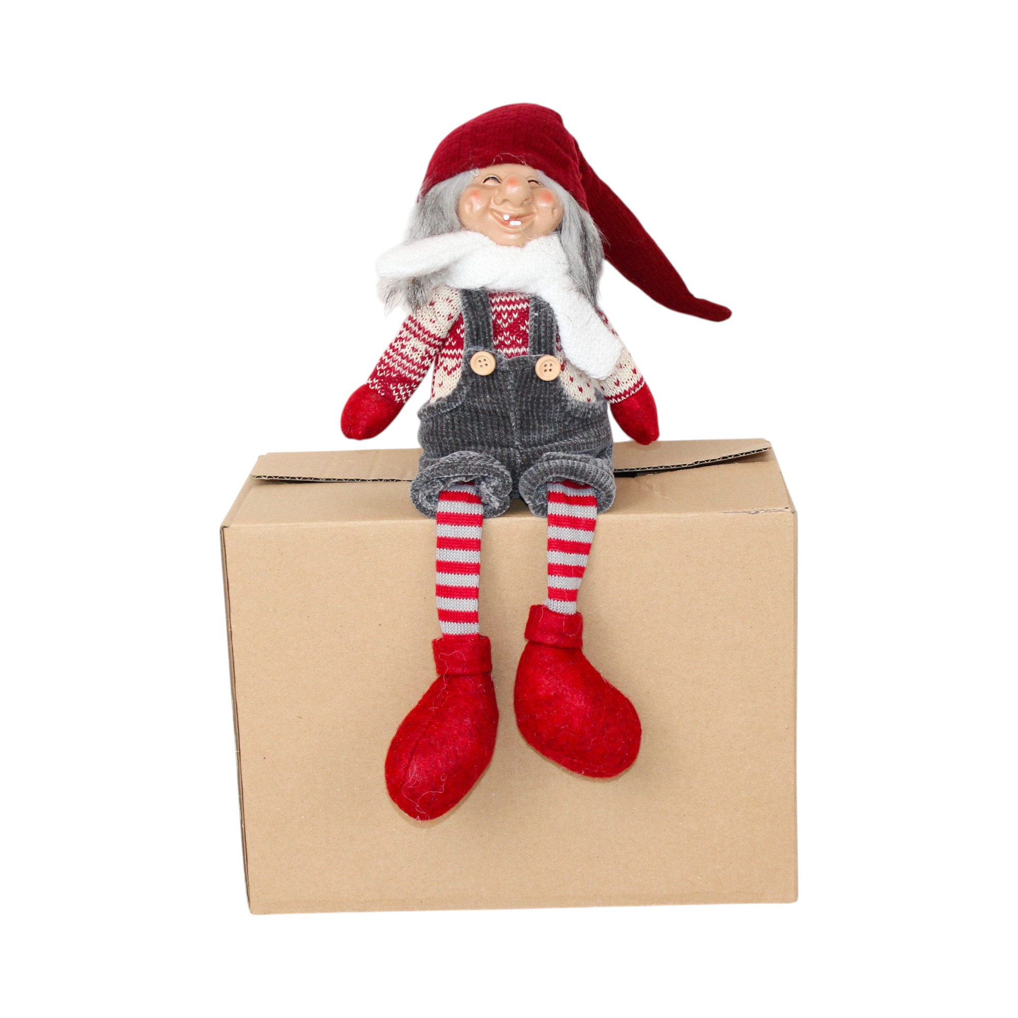 Siddende nissemand med hængeben i stof 42 cm
